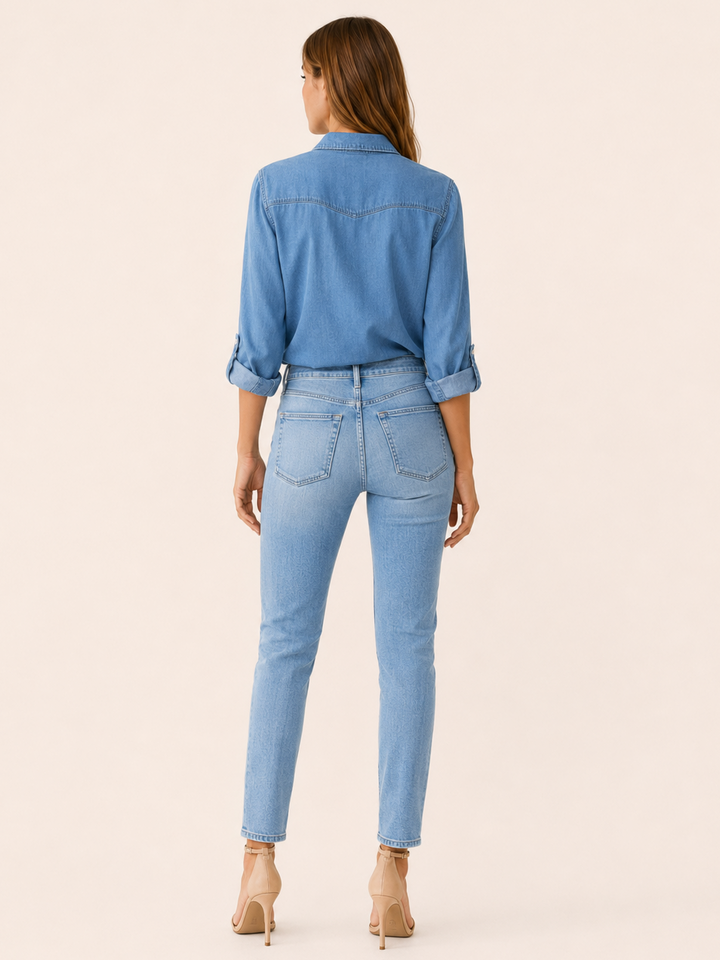 Blue Denim Shirt with Button Front and Chest Pockets – back view