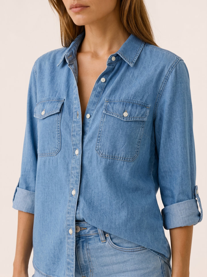Light Blue Denim Shirt with Button Front and Chest Pockets – detail view