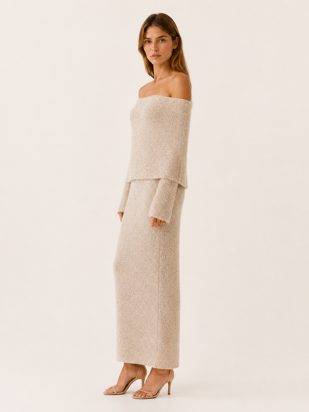 Beige Off Shoulder Knit Maxi Dress – side view