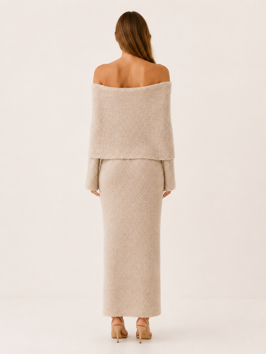Beige Off Shoulder Knit Maxi Dress – back view