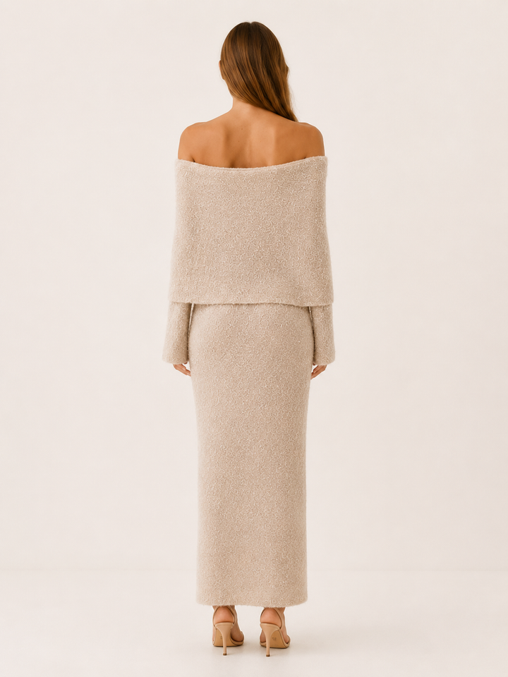 Beige Off Shoulder Knit Maxi Dress – back view
