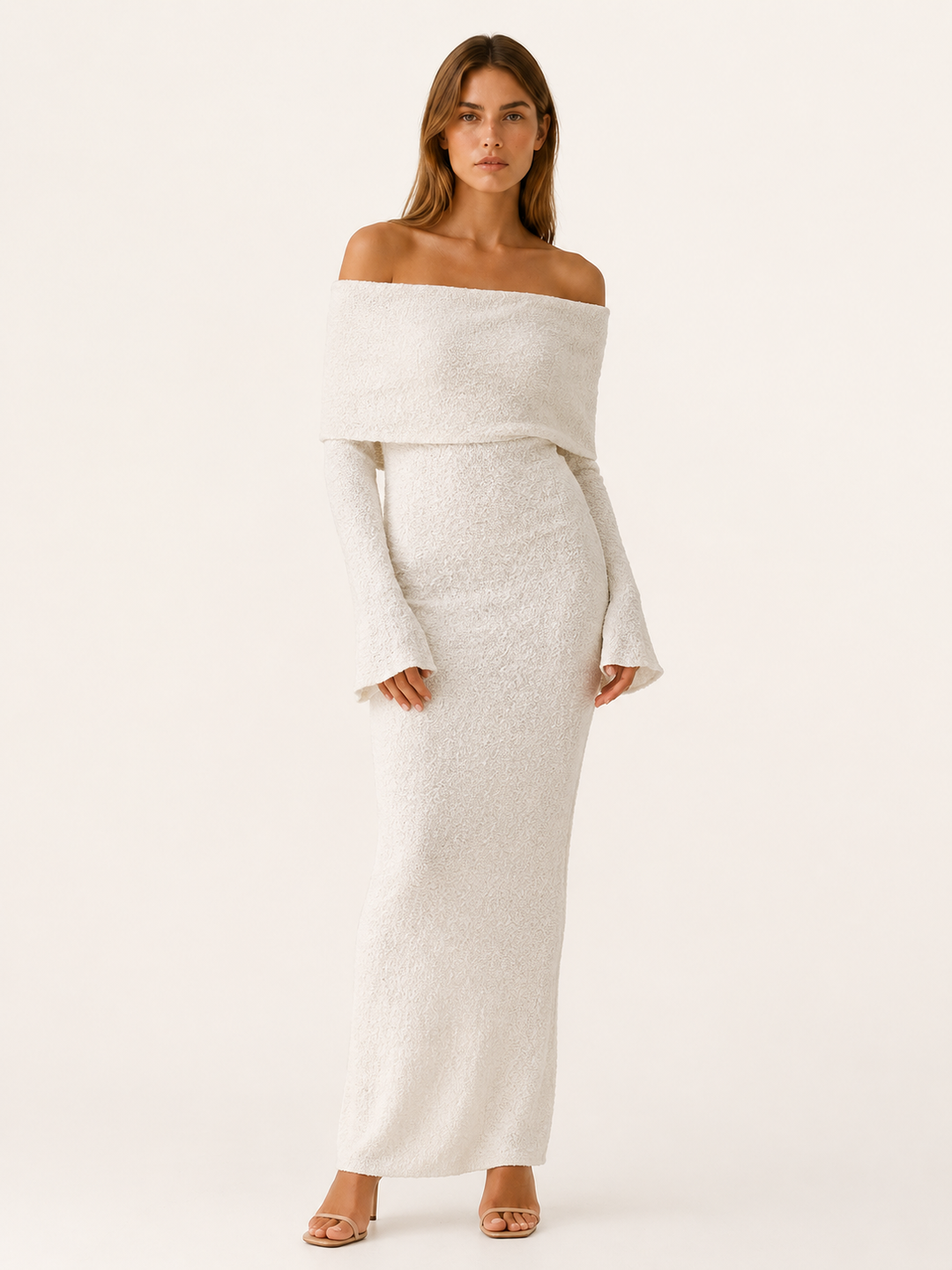 Beige Off Shoulder Knit Maxi Dress – lifestyle