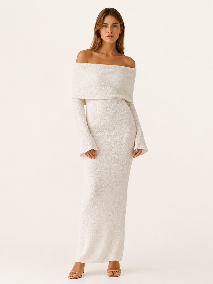 Beige Off Shoulder Knit Maxi Dress – lifestyle