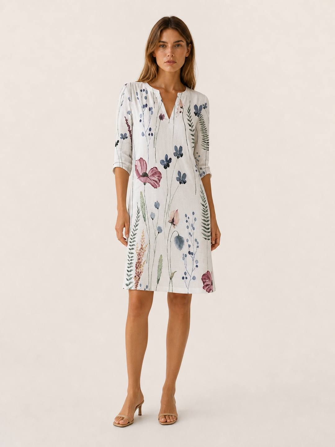 Off-White Floral Midi Tunic Dress with V-Neckline – front view