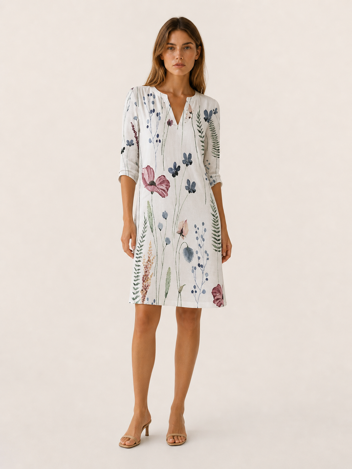Off-White Floral Midi Tunic Dress with V-Neckline – front view