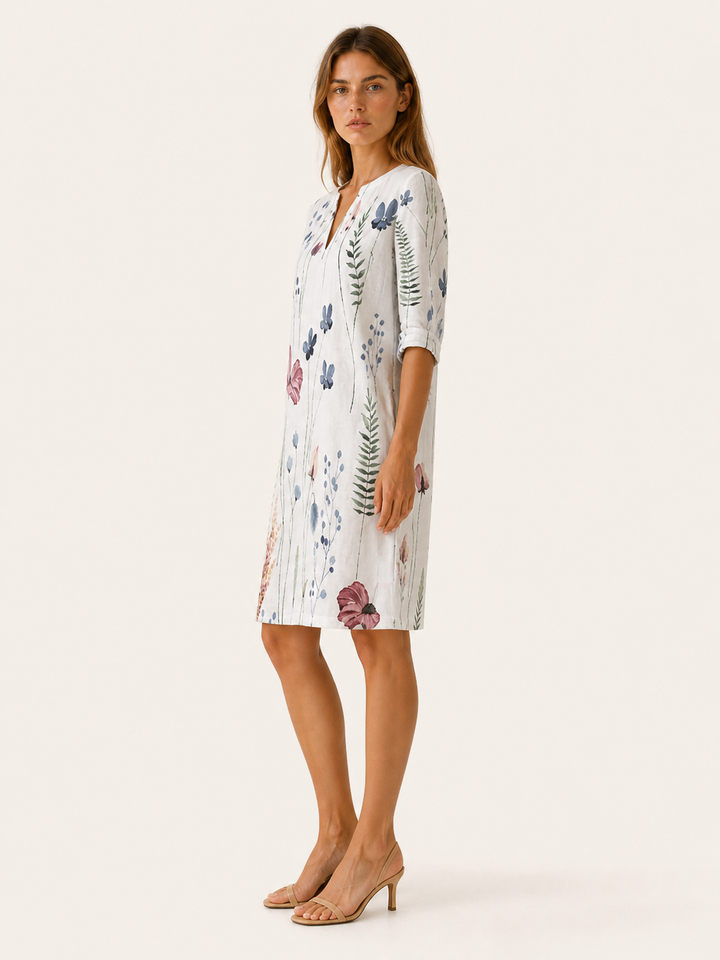 Blue Floral Midi Tunic Dress with V-Neckline – side view