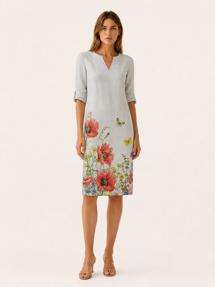 Off-White Floral Midi Tunic Dress with V-Neckline – close-up