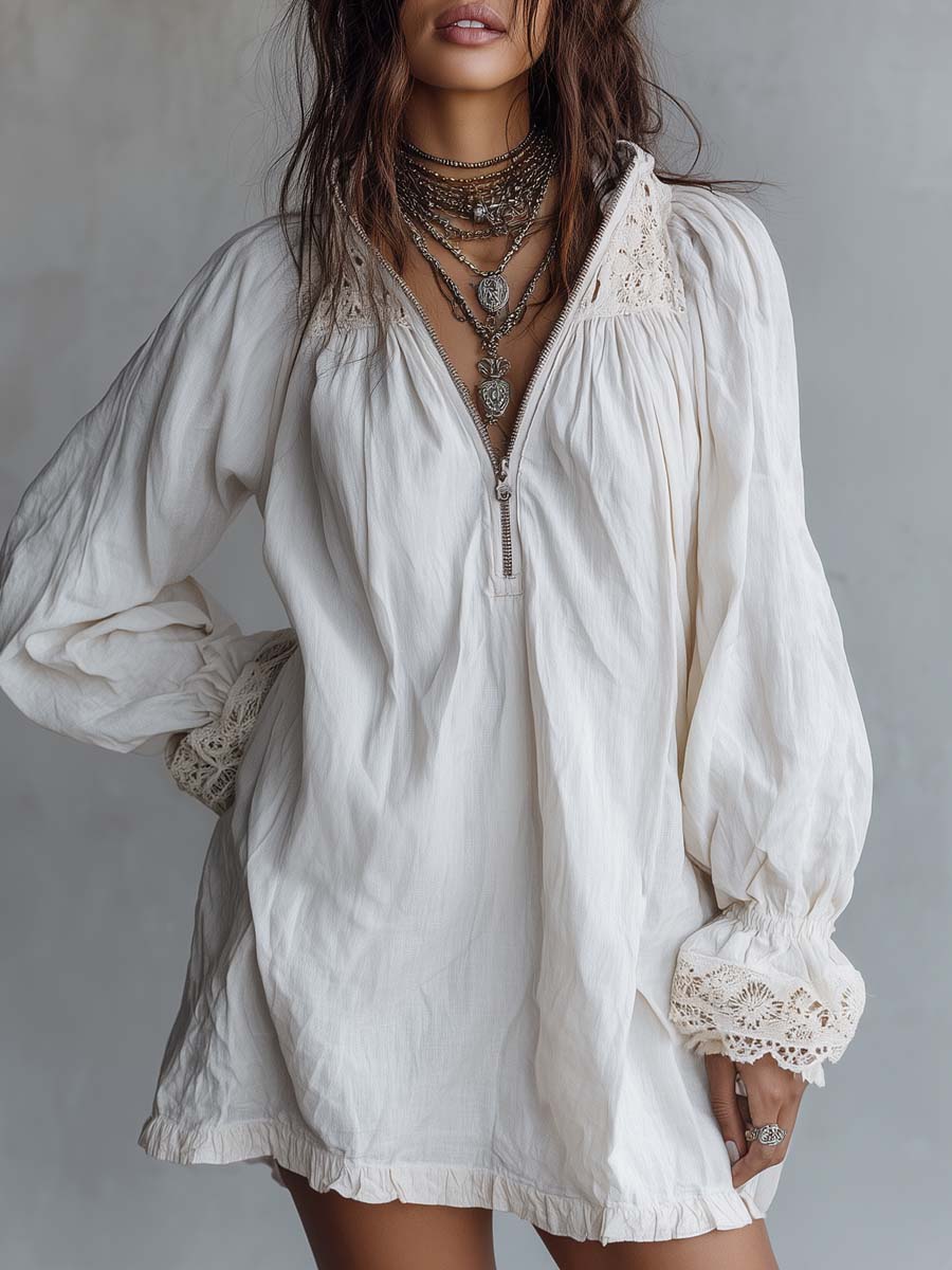 Vintage-style zip-up collar lace-trimmed white mini dress front view
