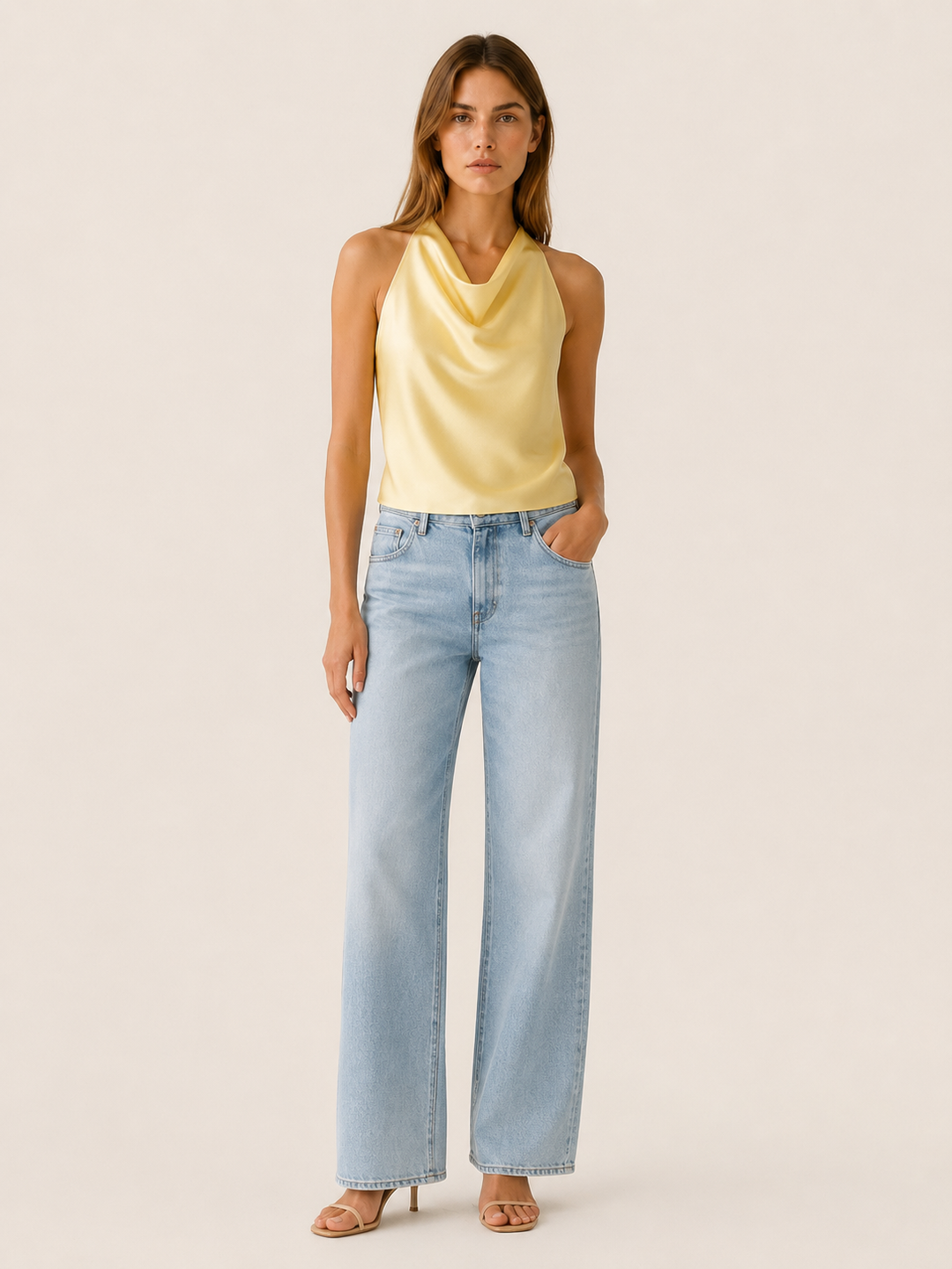 Pink Satin Halter Top with Draped Neckline – detail view