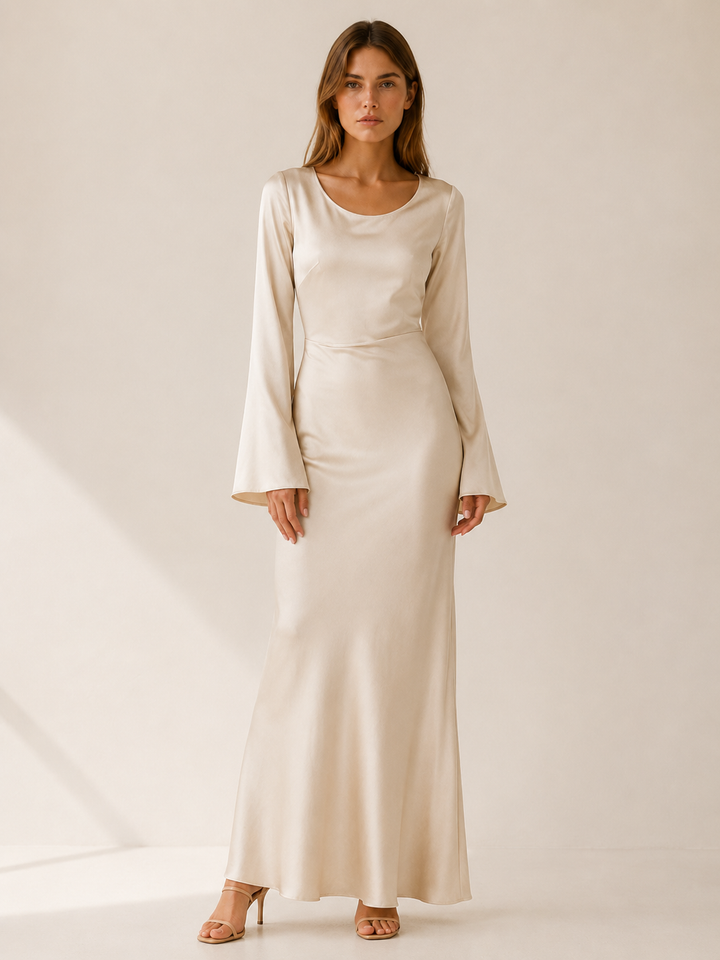Ivory Long Sleeve Maxi Dress with Tie Waist – front view