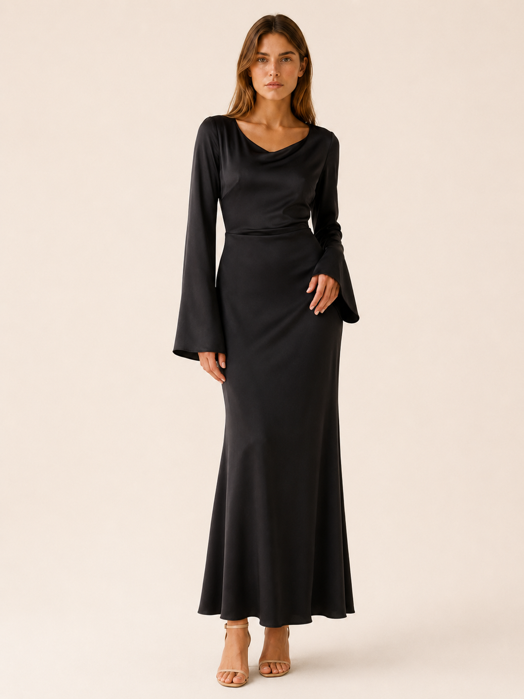 Ivory Long Sleeve Maxi Dress with Tie Waist – detail view