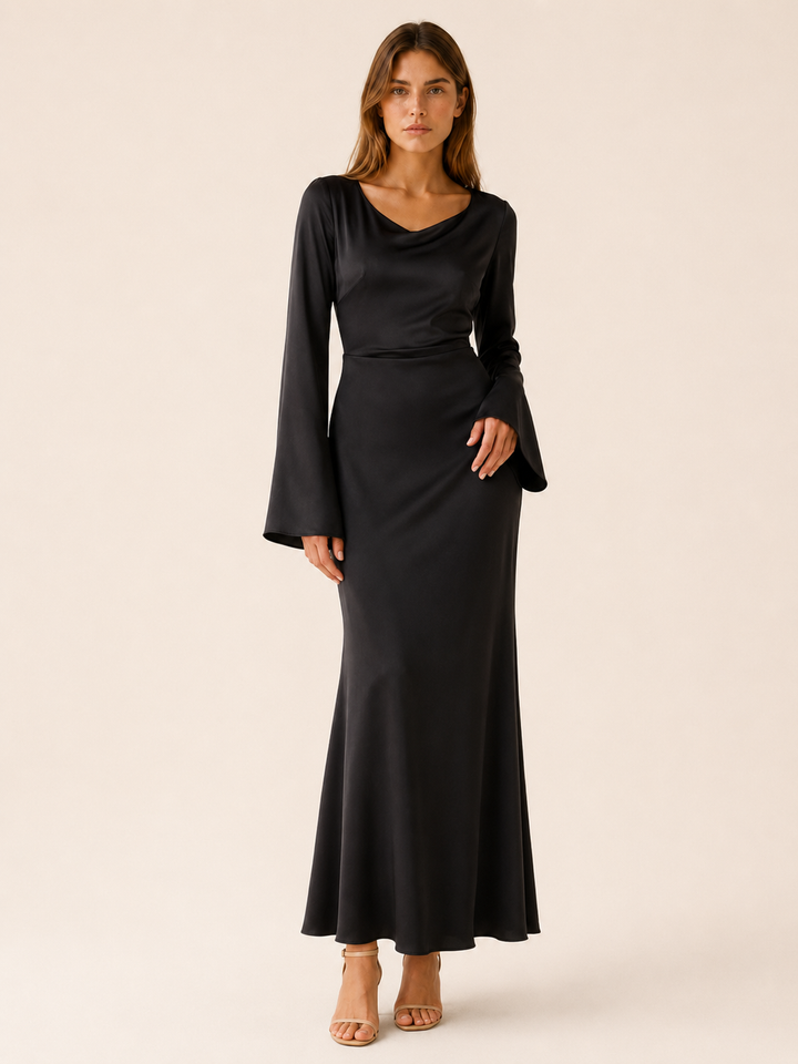 Ivory Long Sleeve Maxi Dress with Tie Waist – detail view