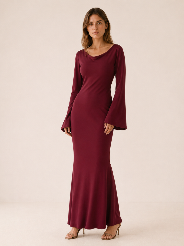 Ivory Long Sleeve Maxi Dress with Tie Waist – close-up