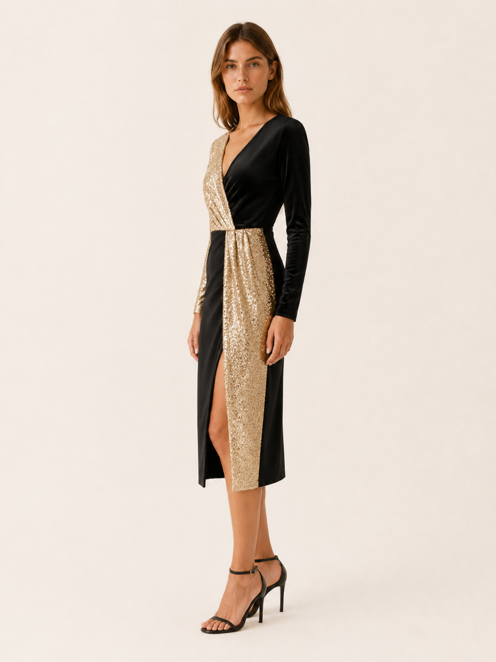 Black Sequin Midi Dress with V Neck and Side Slit – side view