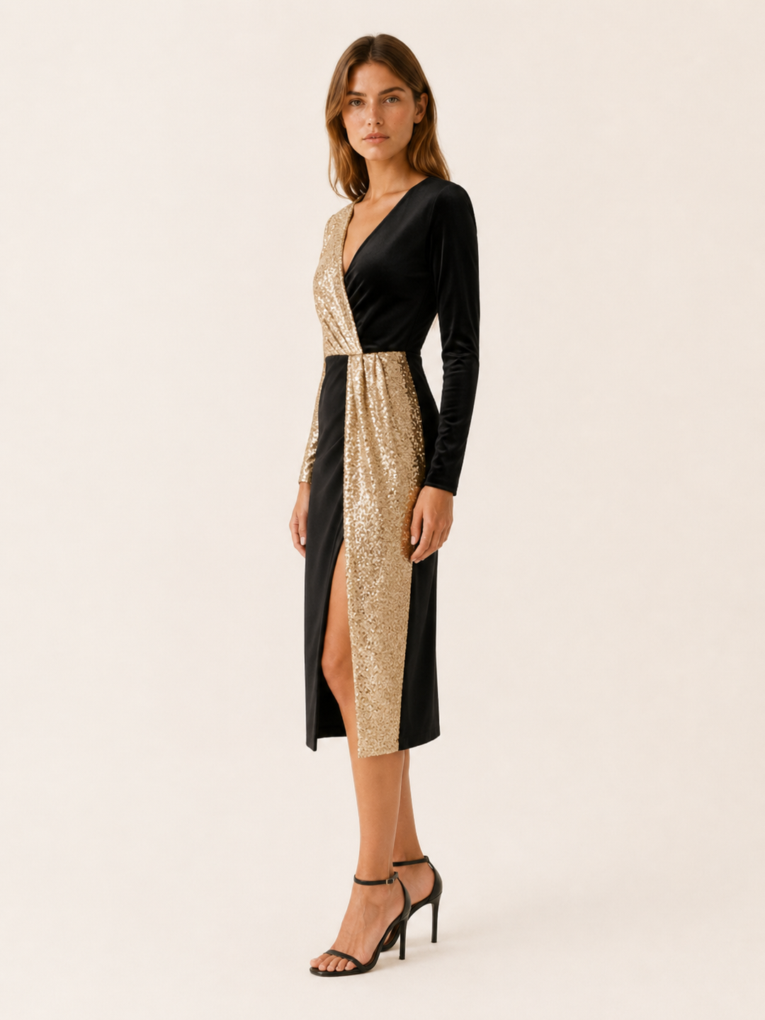 Black Sequin Midi Dress with V Neck and Side Slit – side view