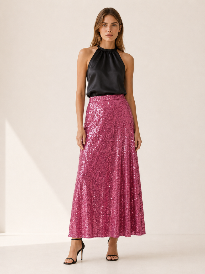 Magenta Sequin Maxi Skirt with Elastic Waist – front view