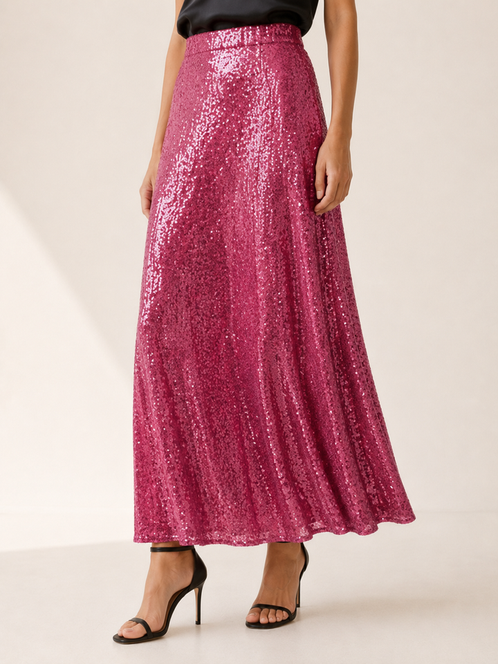 Silver Sequin Maxi Skirt with Elastic Waist – detail view