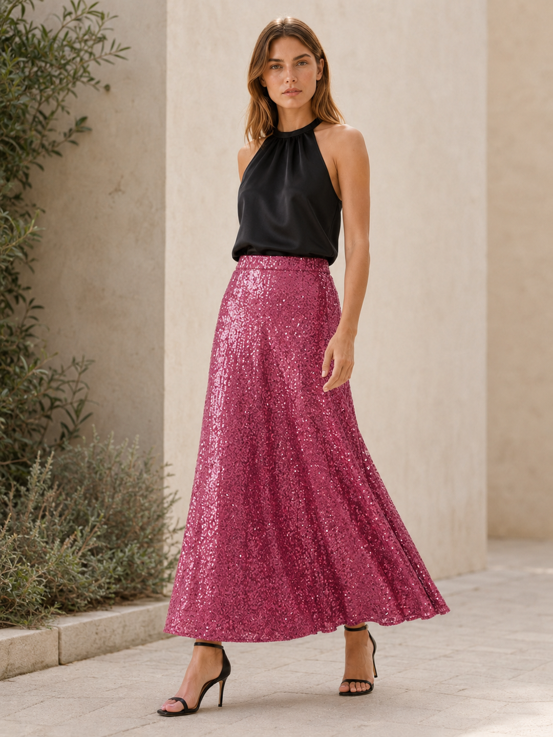 Dark Green Sequin Maxi Skirt with Elastic Waist – close-up