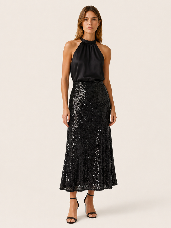 Apricot Sequin Maxi Skirt with Elastic Waist – full length view
