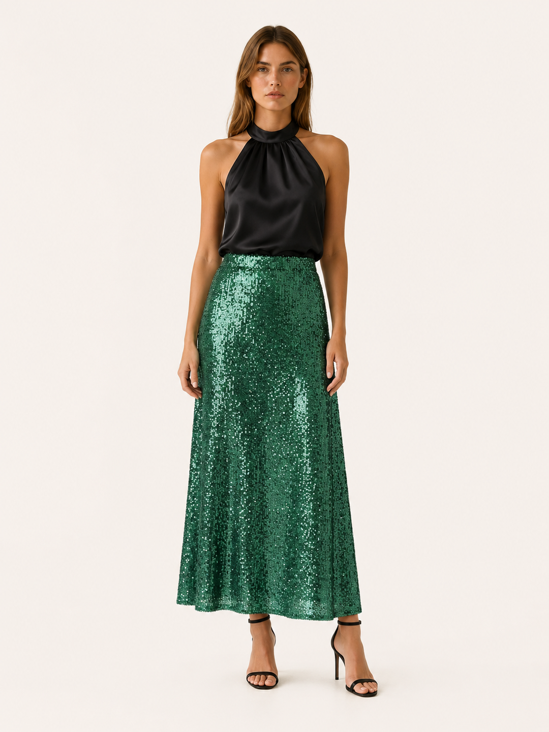 Silver Sequin Maxi Skirt with Elastic Waist – model view