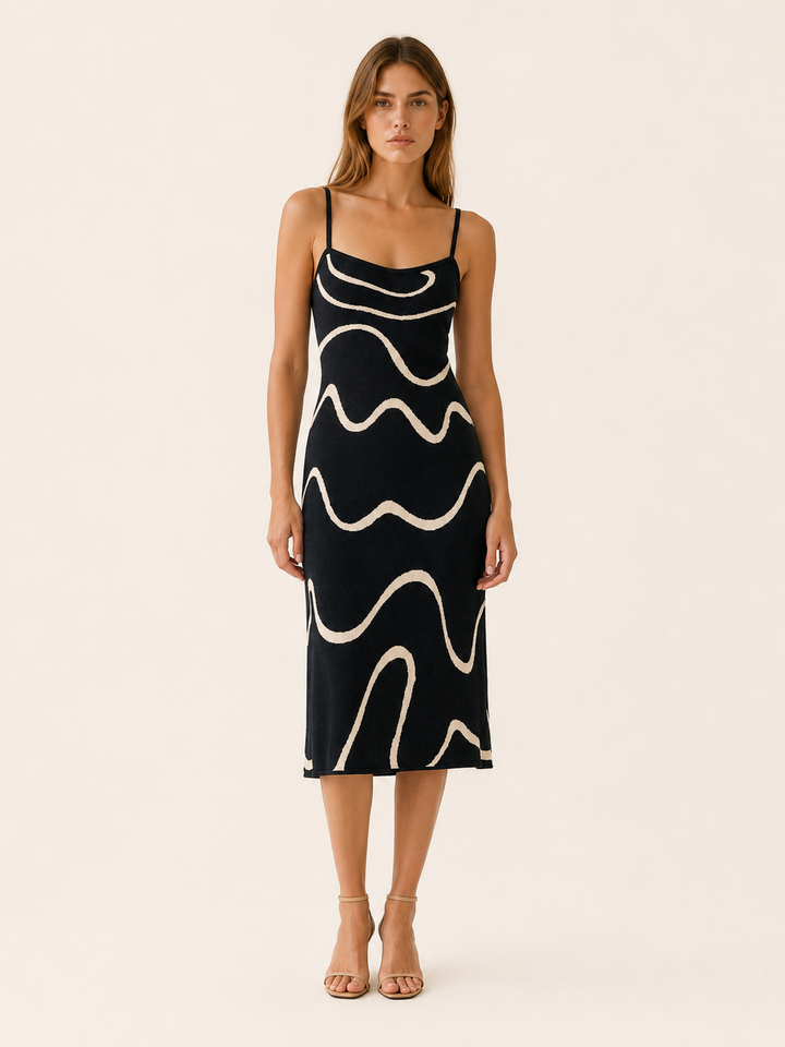 Black Knit Midi Dress with Wave Pattern – front view