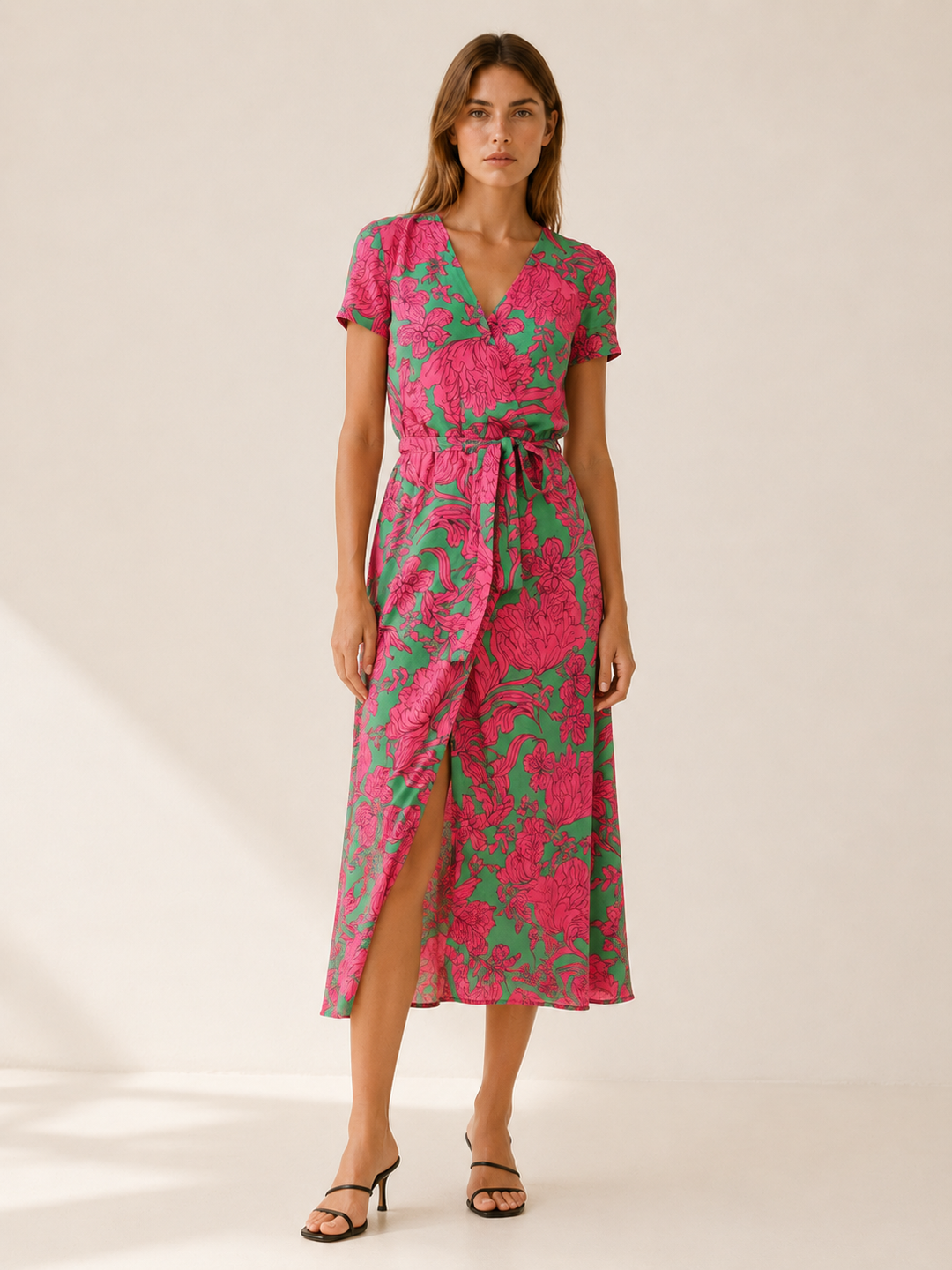 Pink Floral Midi Dress with Wrap Front – front view