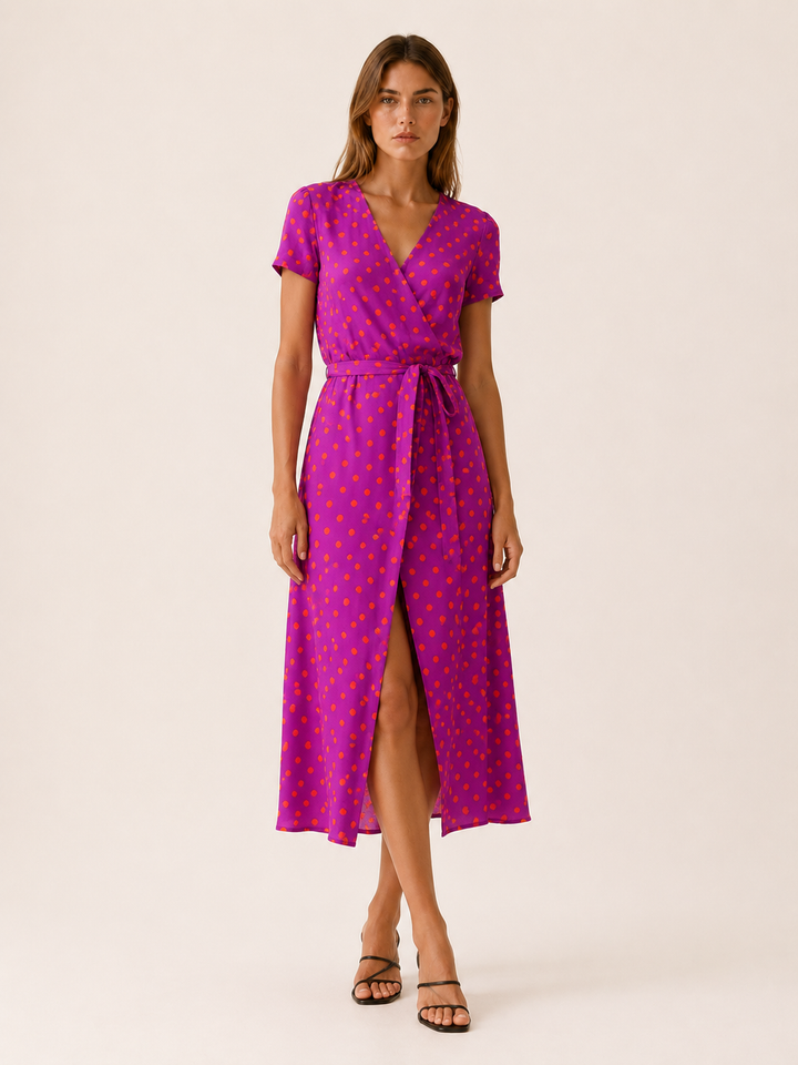 Pink Floral Midi Dress with Wrap Front – close-up