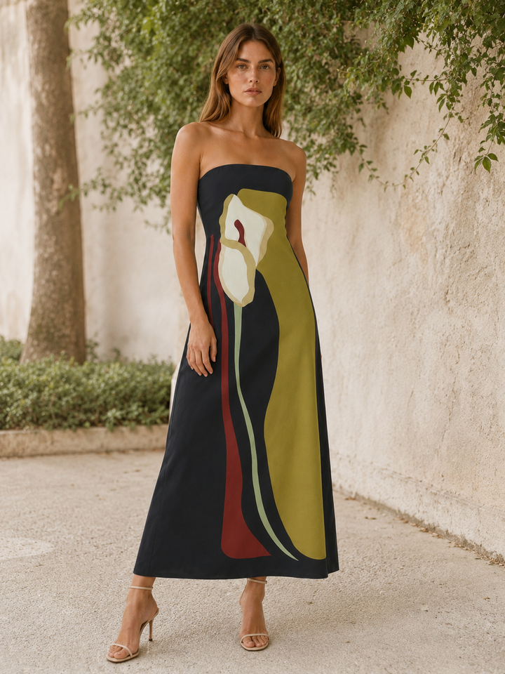 Green Strapless Maxi Dress with Abstract Floral Print – close-up