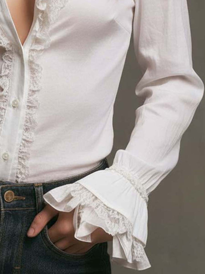 White ruffled lace trim blouse detail view