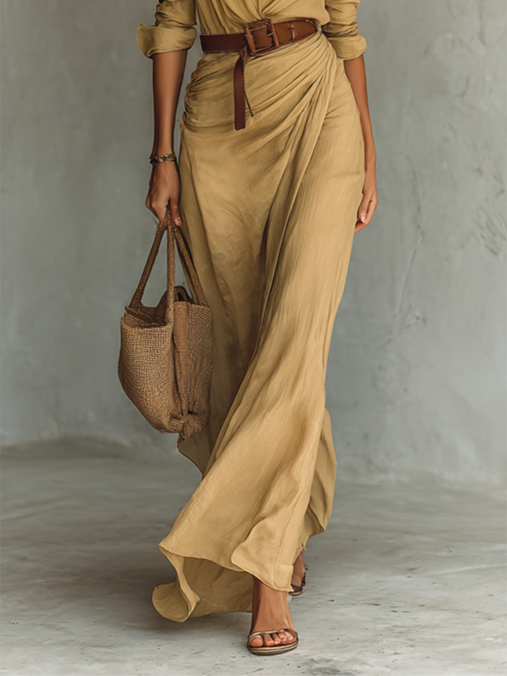 Khaki Notched Collar Maxi Dress — back view