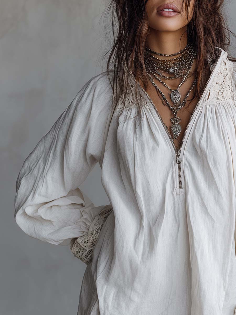 Vintage-style zip-up collar lace-trimmed white mini dress side view