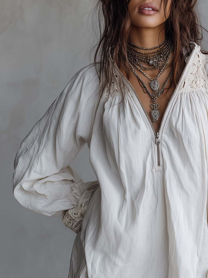 Vintage-style zip-up collar lace-trimmed white mini dress side view