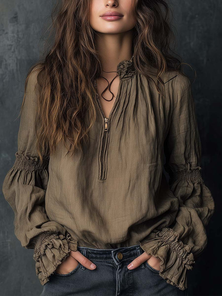 Boho ruffled cuff half-zip blouse front view