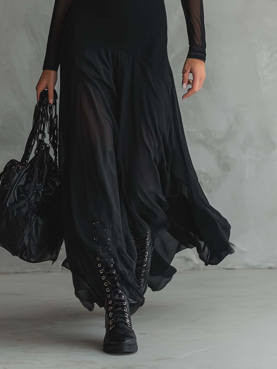 Sheer sleeve maxi dress detail view