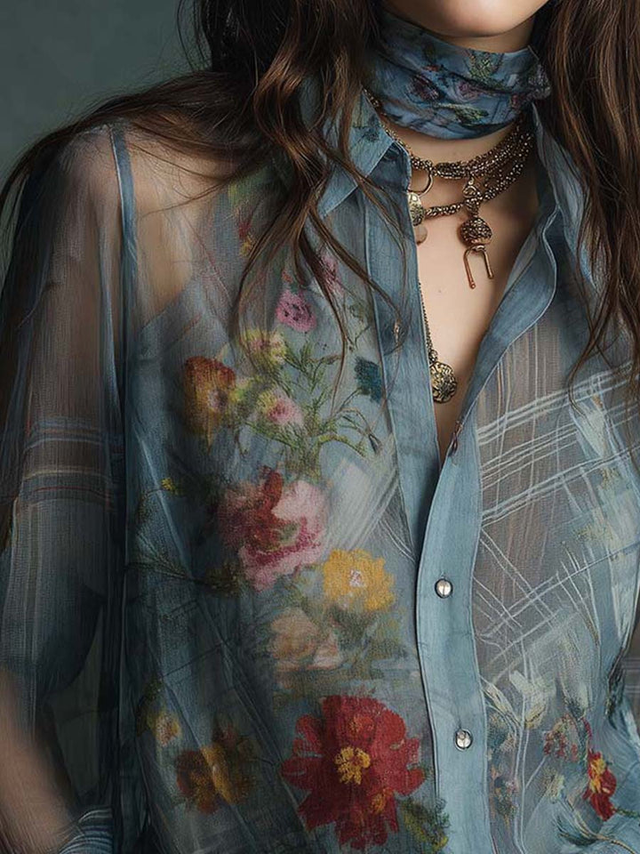Vintage Boho Sheer Floral Button-Up Blouse