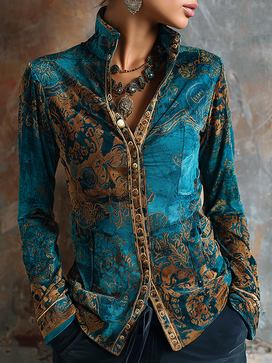 Boho peacock blue velvet golden print blouse front view
