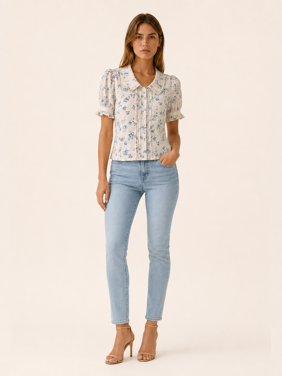 White Floral Blouse with Lace Trim and Pleated Front – front view