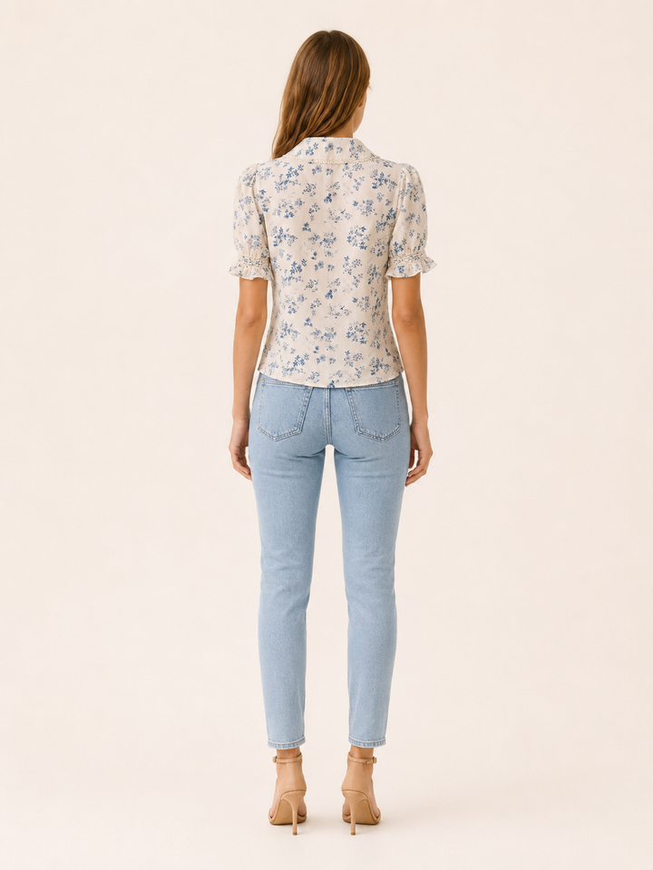 White Floral Blouse with Lace Trim and Pleated Front – side view