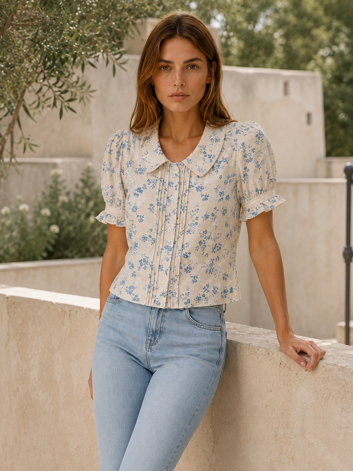 White Floral Blouse with Lace Trim and Pleated Front – back view