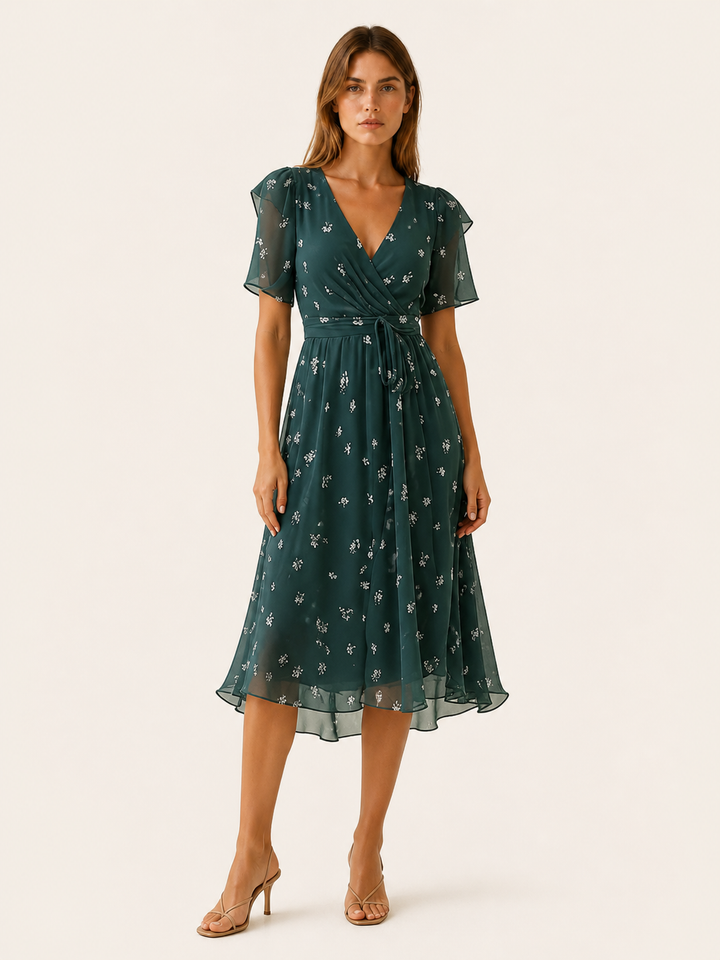 Green Floral Midi Dress with Wrap Front – front view
