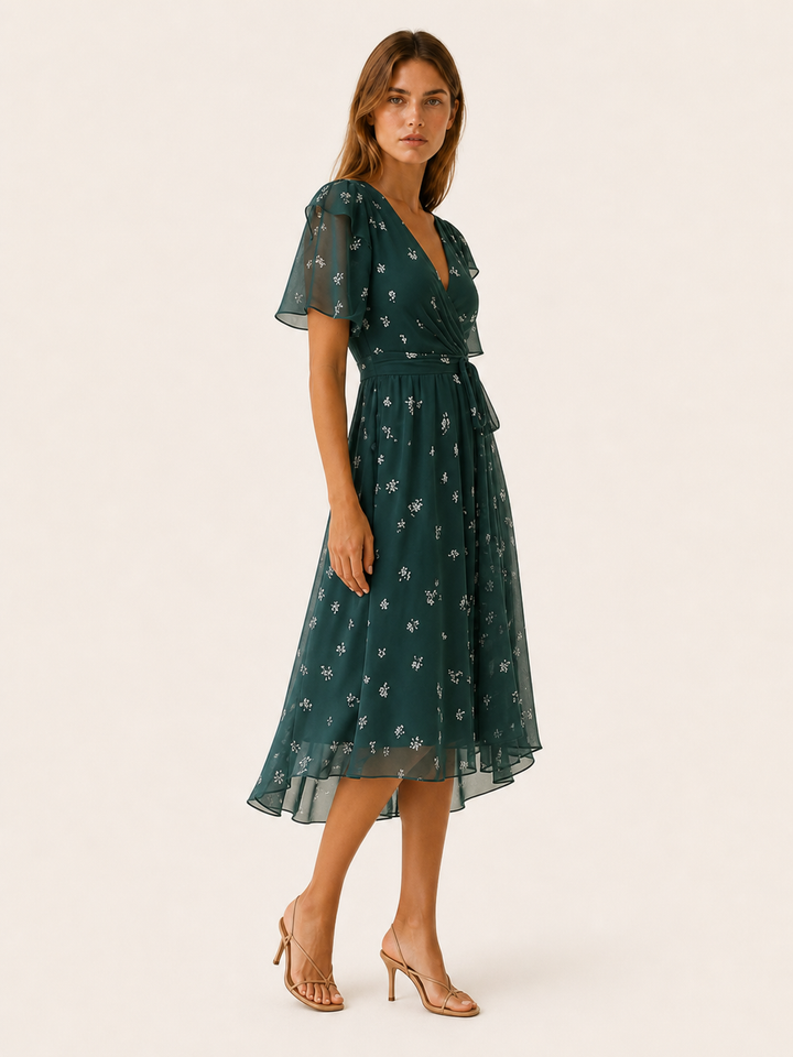 Blue Floral Midi Dress with Wrap Front – side view