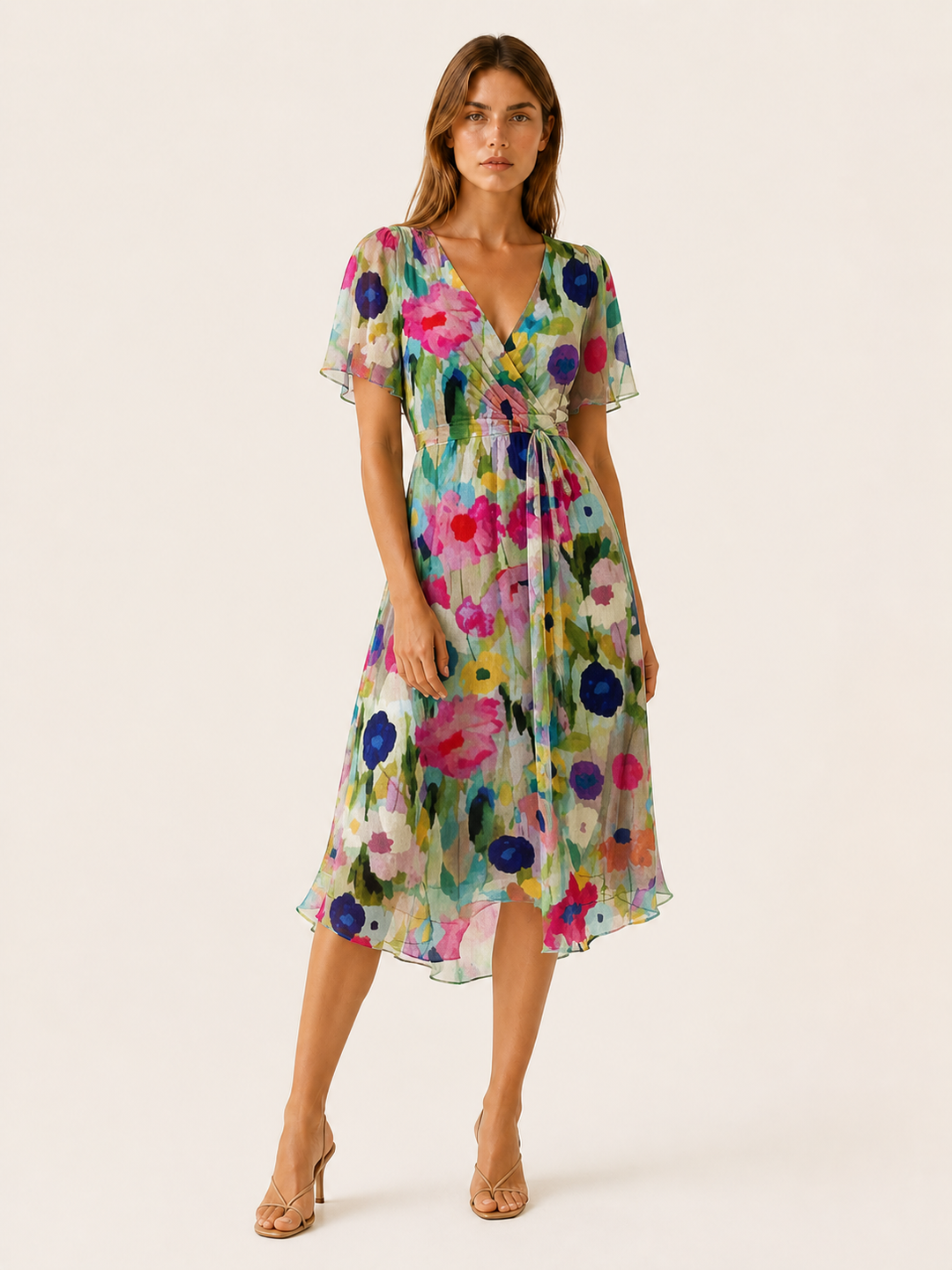 Green Floral Midi Dress with Wrap Front – close-up