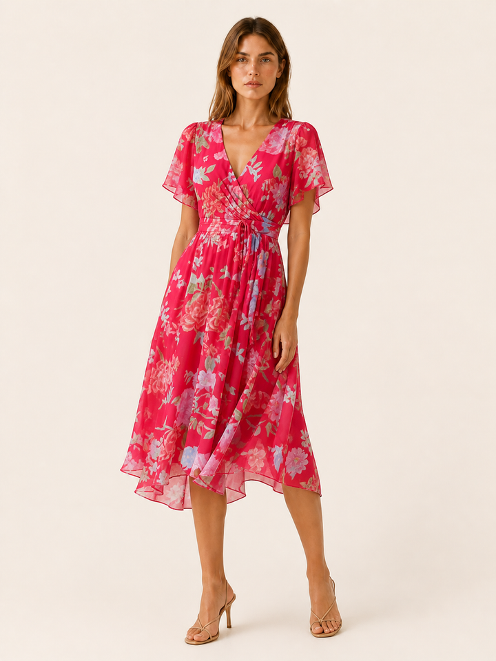 Blue Floral Midi Dress with Wrap Front – lifestyle