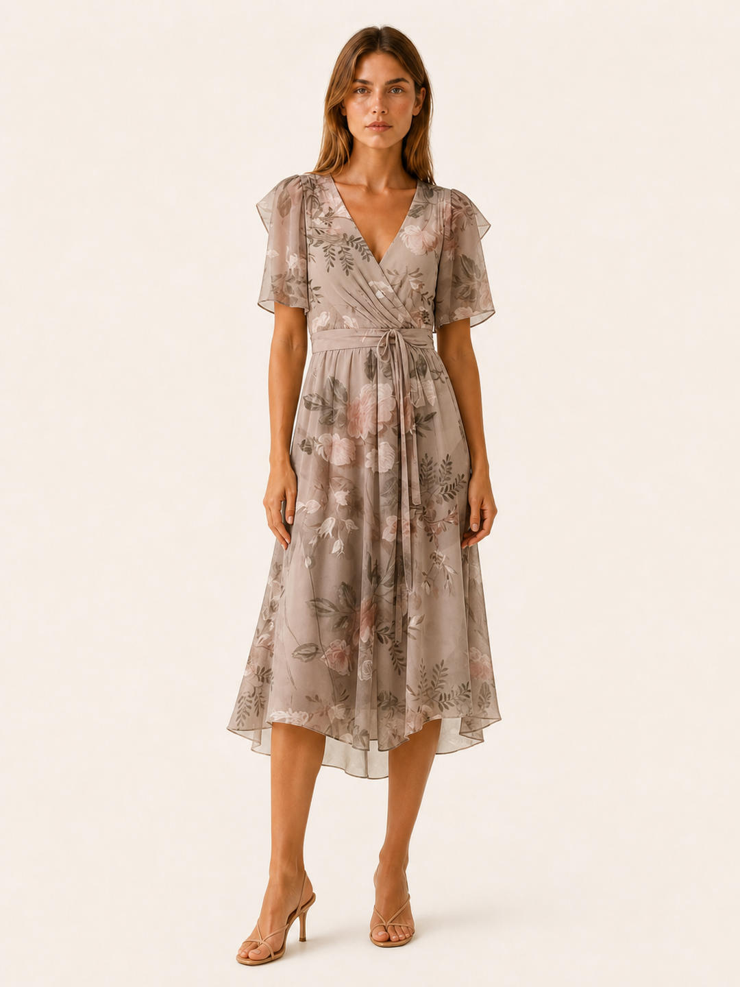 Green Floral Midi Dress with Wrap Front – full length view
