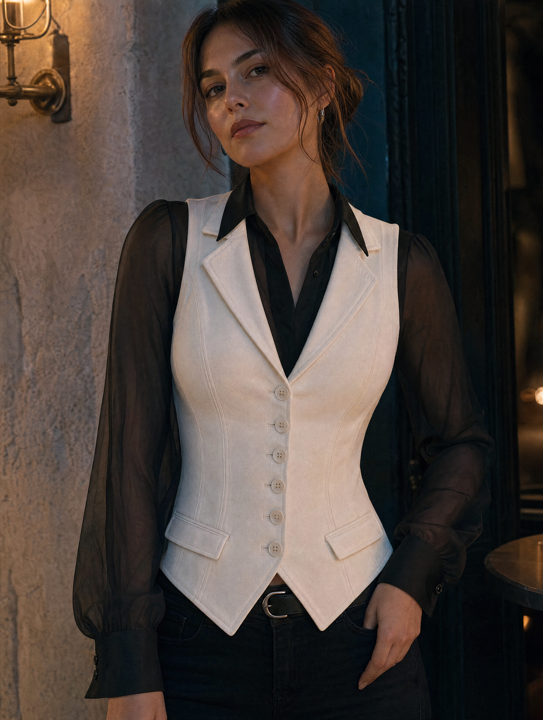 White denim tailored corset vest styled look