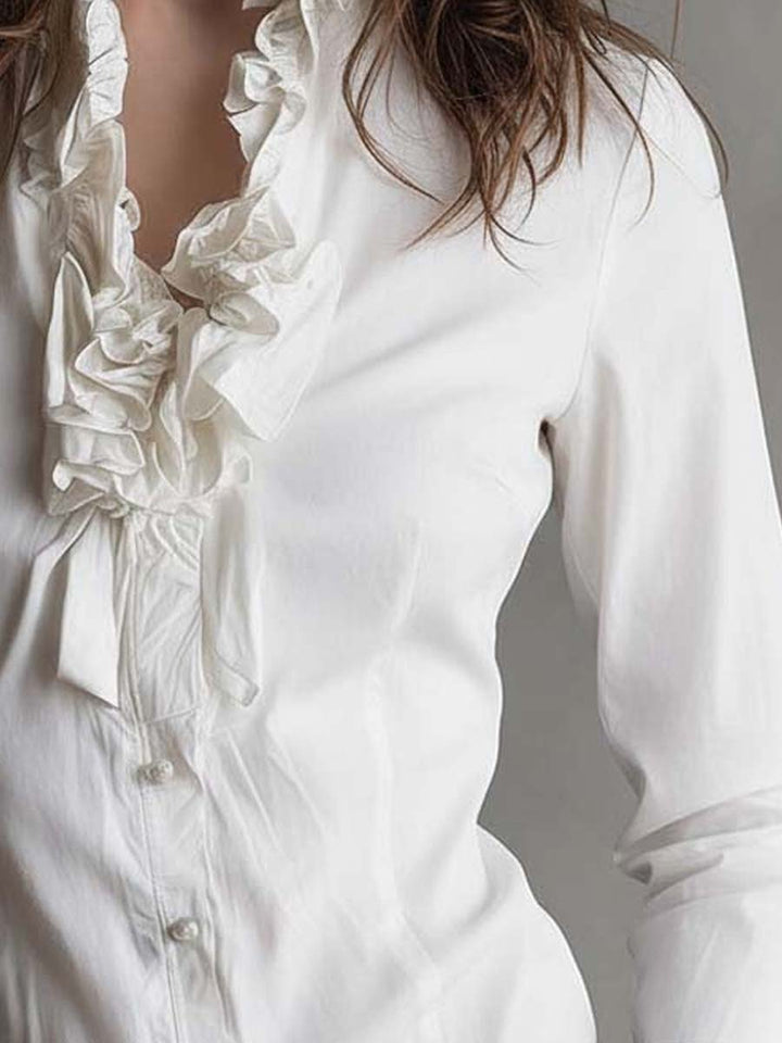 White ruffle trim blouse full length view
