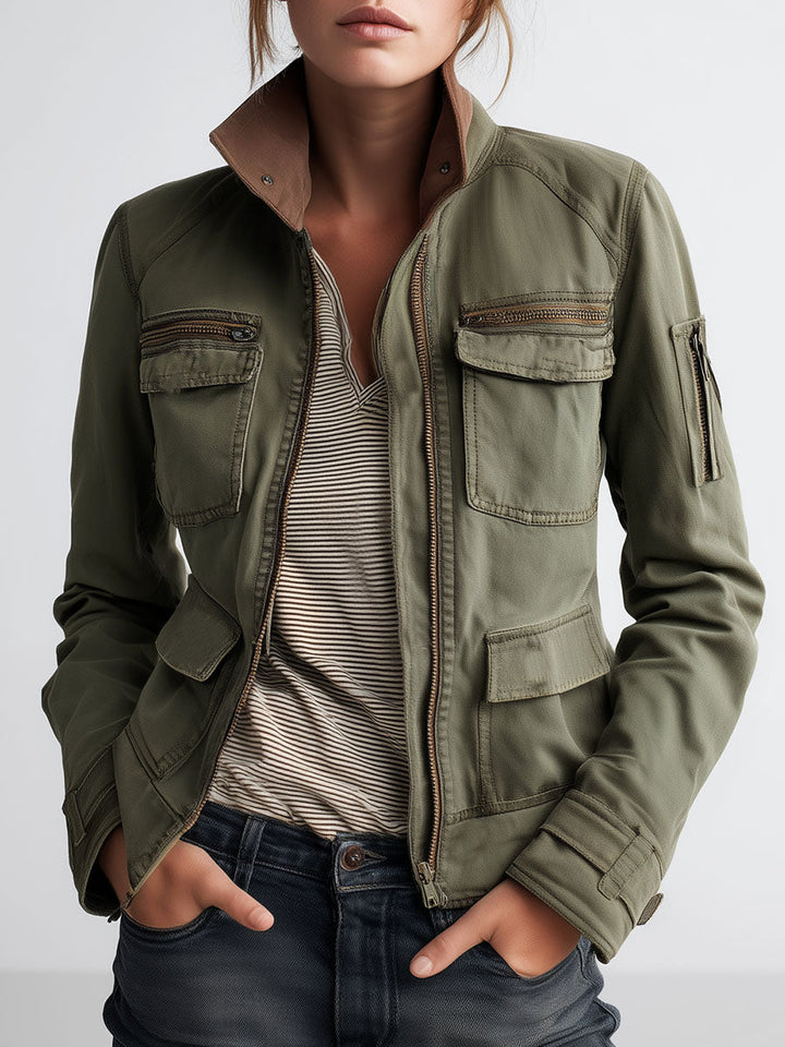 Olive green utility pocket cargo jacket front view