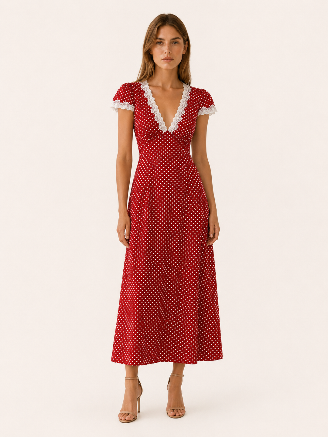Red Polka Dot Maxi Dress with Lace Trim – front view