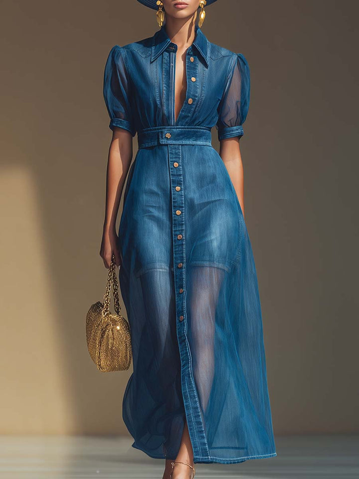 Eleanor blue denim organza maxi dress – front full-length view women