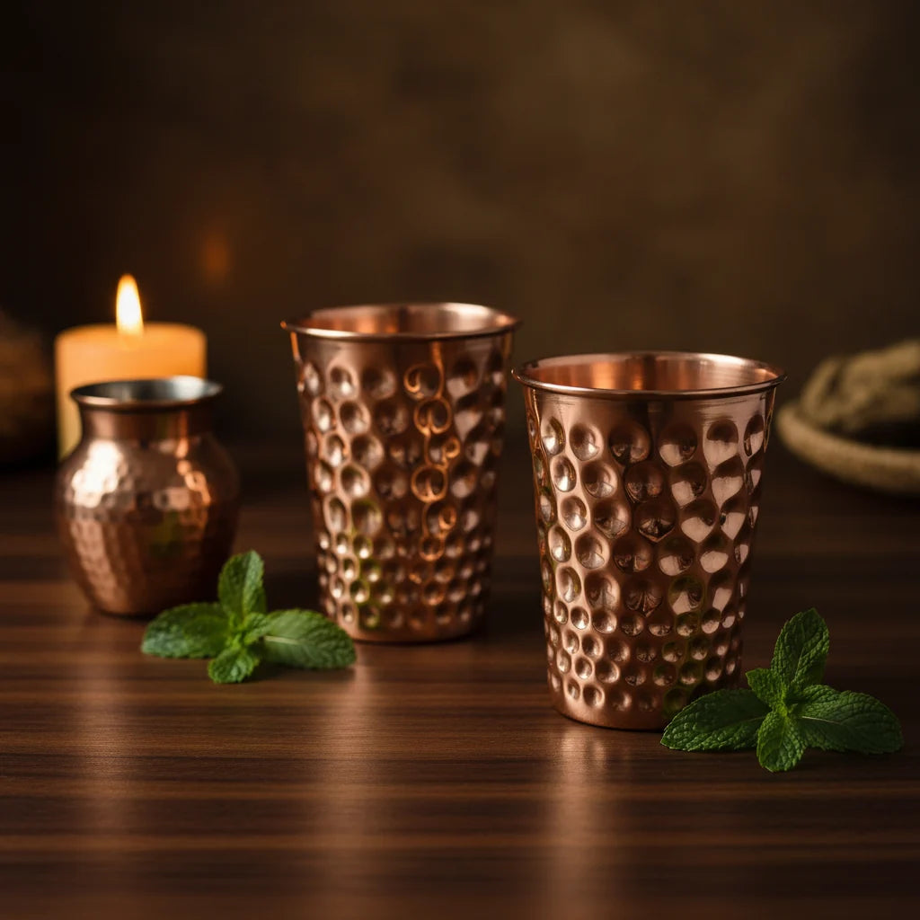 Copper Heritage glass tumbler with a dimpled design placed on a dark wood surface, lifestyle photo.